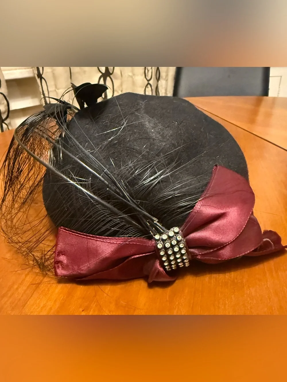 VINTAGE Miss Bierner Michael Howard Black Wool Hat Feather Rhinestone